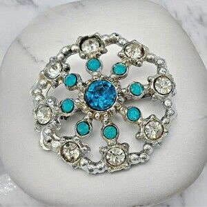 Ice Blue Brooch Vintage Round Jeweled Statement Open Circle  Estate Jewelry Pin